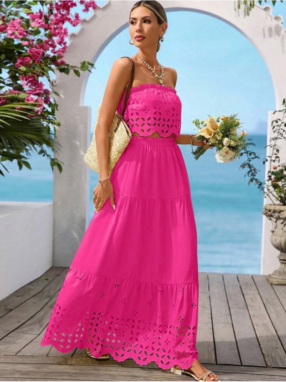 SHEIN Hot Pink Off-Shoulder Eyelet Tiered Maxi Dress
